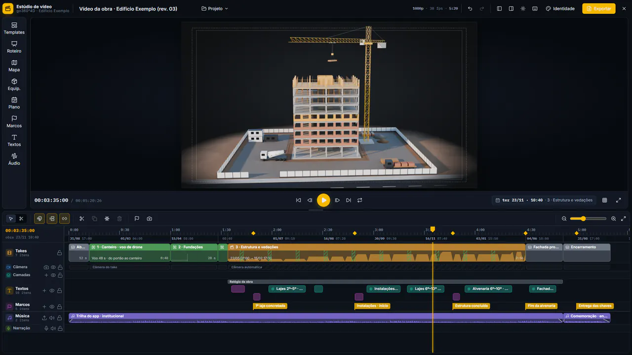 Estúdio de vídeo da plataforma: prévia do prédio-exemplo ao centro, com a data da obra (terça 23/11, 10:40, etapa Estrutura e vedações) e, embaixo, a timeline com takes, textos, marcos e a trilha de música.