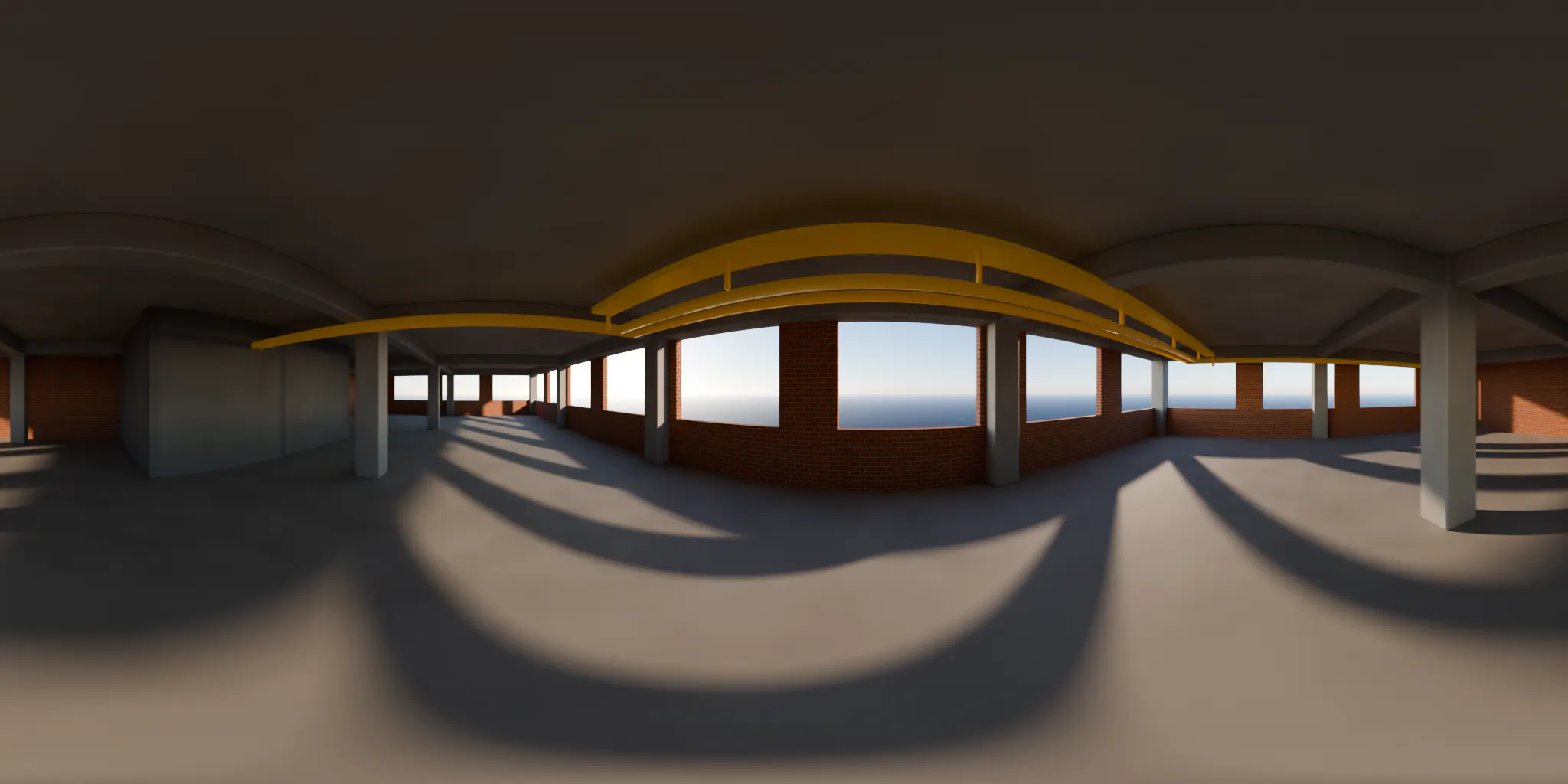 Foto 360° do 6º pavimento em obra, com pilares, alvenaria e instalações em execução
